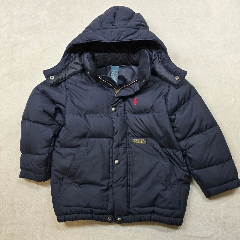 Polo Ralph Lauren‎ Puffer Jacket Kids Size 4T Navy Blue Hooded Red Pony